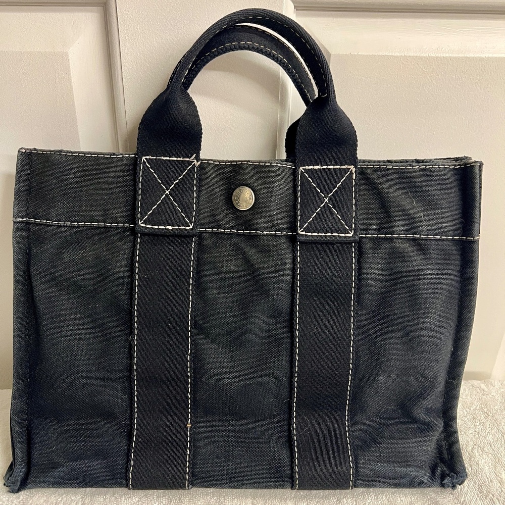 USED Hermes Black Canvas Tote Bag